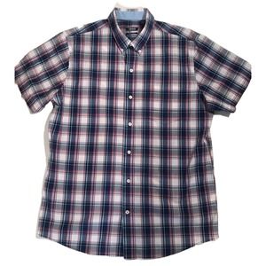 Izod Plaid Shirt Casual Business Men Large Button-Down Blue Non Iron Stretch